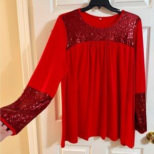 Red Sequin Yoke Long Sleeve Flowy Blouse – Women’s 2X